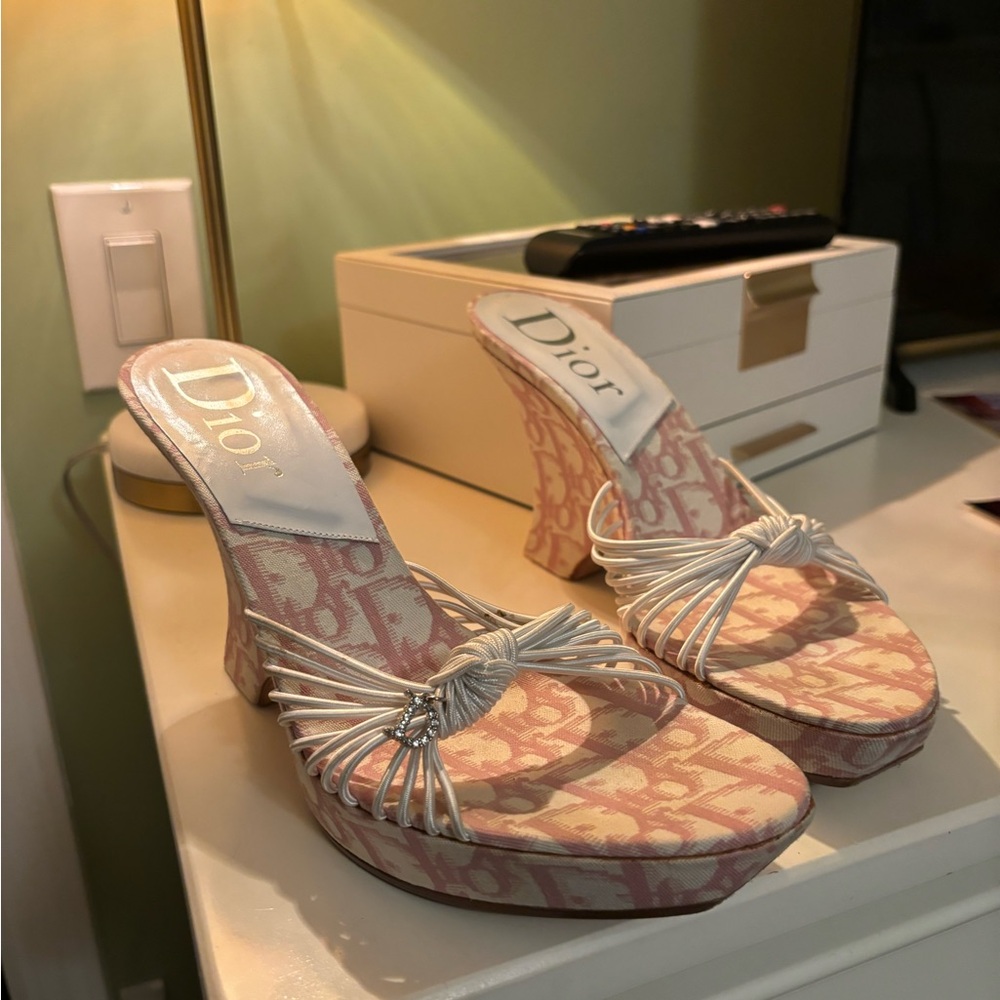 Dior Women's Pink and White Wedge Sandals
